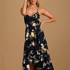 Lulus Best Times Floral Navy High Low Maxi Dress